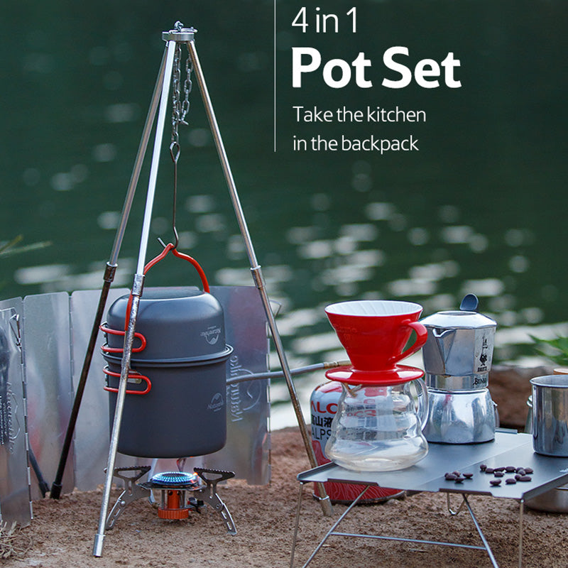PotSet 4in1 アウトドア 超軽量アルミ ノンスティック 調理セット 旅人向け バックパッカー必携 コンパクト収納