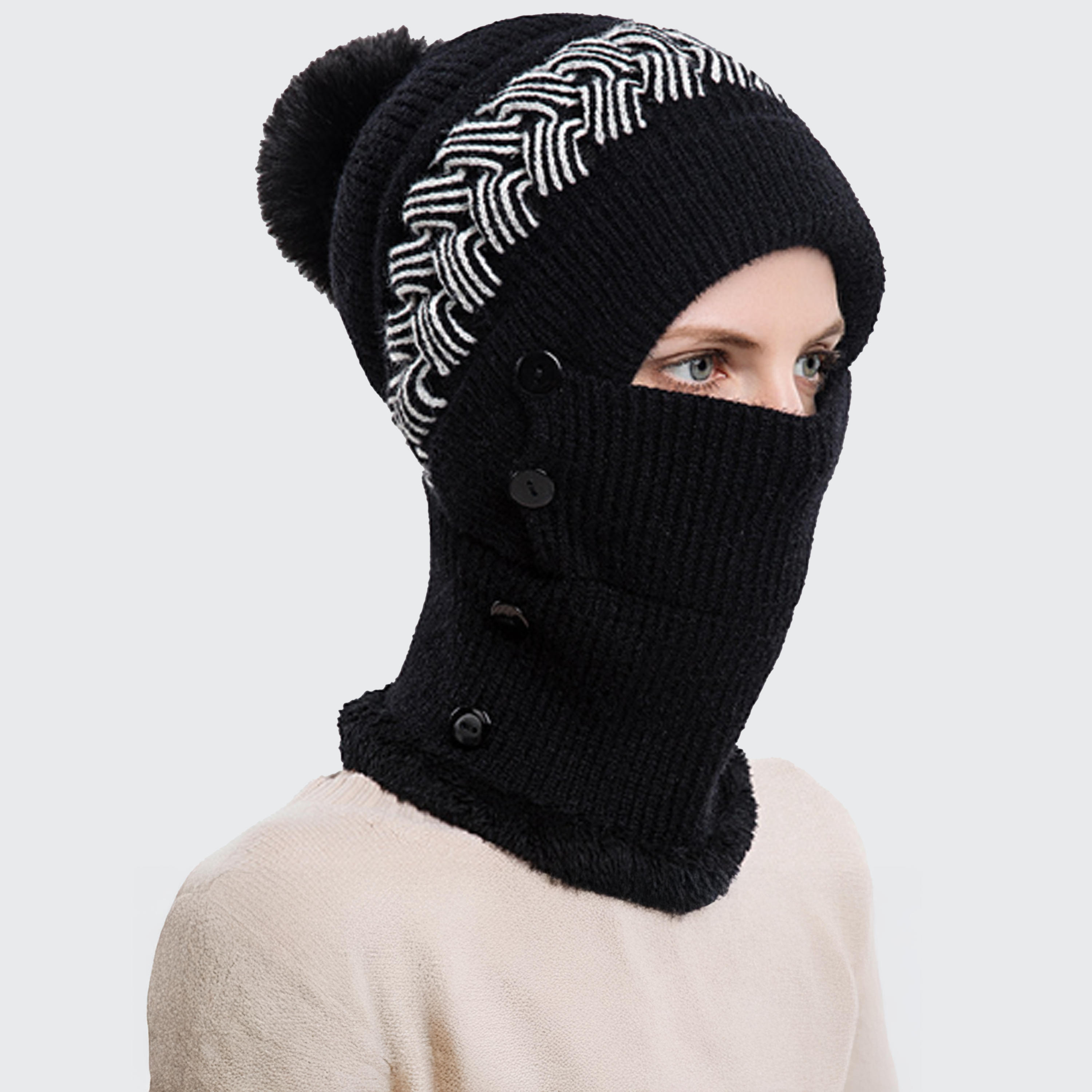 レディース 保温ニット帽 2in1 ネックウォーマー フェイスマスク付き ブレイドデザイン ポンポン 暖かい 防寒 軽量 柔らかい