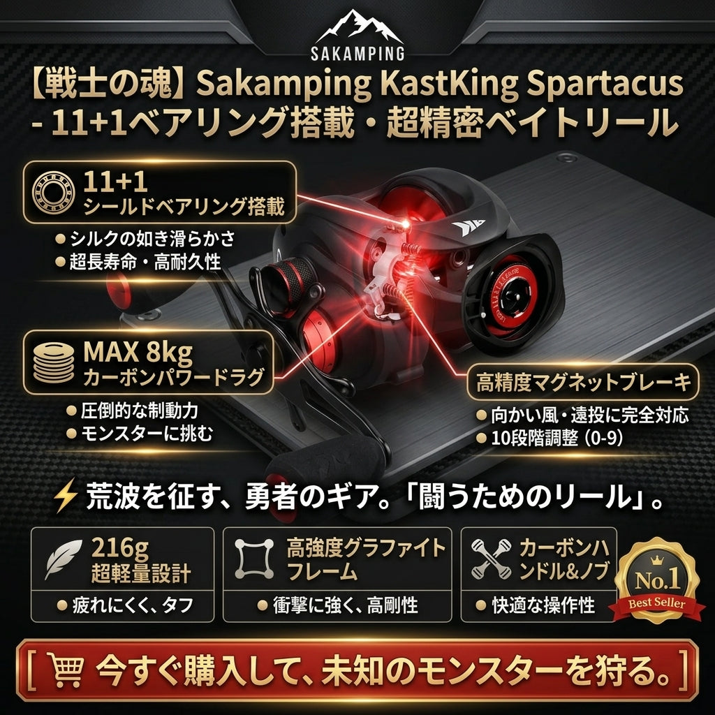 【バックラッシュ激減】Sakamping KastKing スパルタカス | 遠心&マグネット式デュアルブレーキ搭載 | 最大ドラグ8kg・7.2:1高速ギア | 高精度カーボン&セラミック設計 | バス・ソルト対応 | 1年保証付