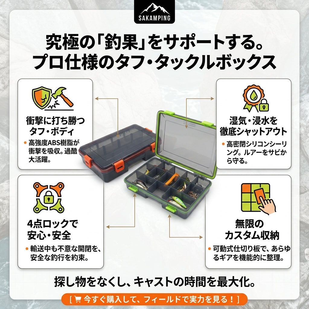 【究極の整理術】Sakamping システム収納ボックス | 完全防水・耐衝撃設計 | 自由自在な仕切り板・多機能タックルボックス | 釣り・ルアー・小物収納に最適 | 安心の1年保証付