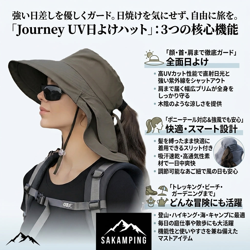 【強烈な紫外線から肌を守りポニーテールでも快適着用・汗をかいても即乾く洗練された日よけハット】Sakamping ウィメンズ ジャーニー UV サンハット (レディース ポニーテール対応 軽量日よけハット) | UVカット UPF50+・速乾・ポニーテール穴付き・サイズ調整可能・折りたたみ軽量 | 釣り・夏キャンプ・登山・旅行・ガーデニング・フェス | 1年保証付