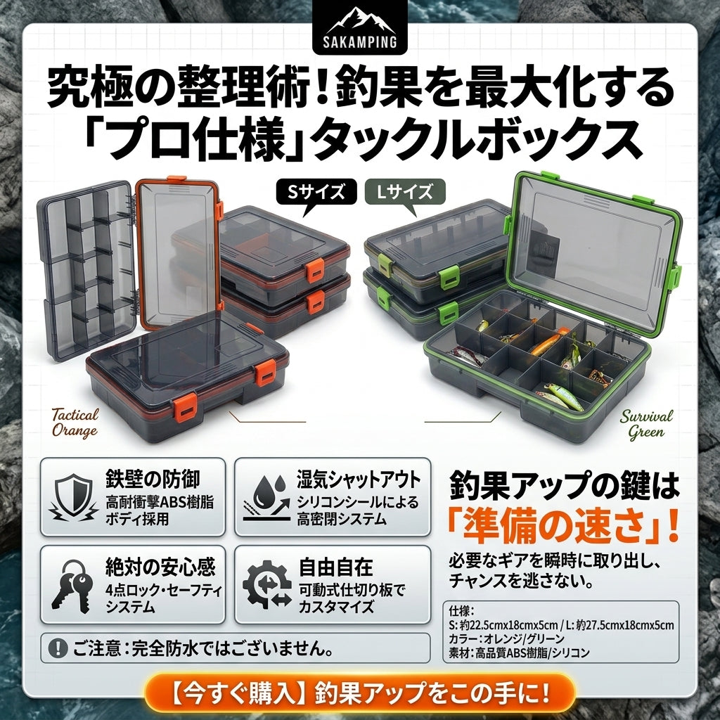 【究極の整理術】Sakamping システム収納ボックス | 完全防水・耐衝撃設計 | 自由自在な仕切り板・多機能タックルボックス | 釣り・ルアー・小物収納に最適 | 安心の1年保証付