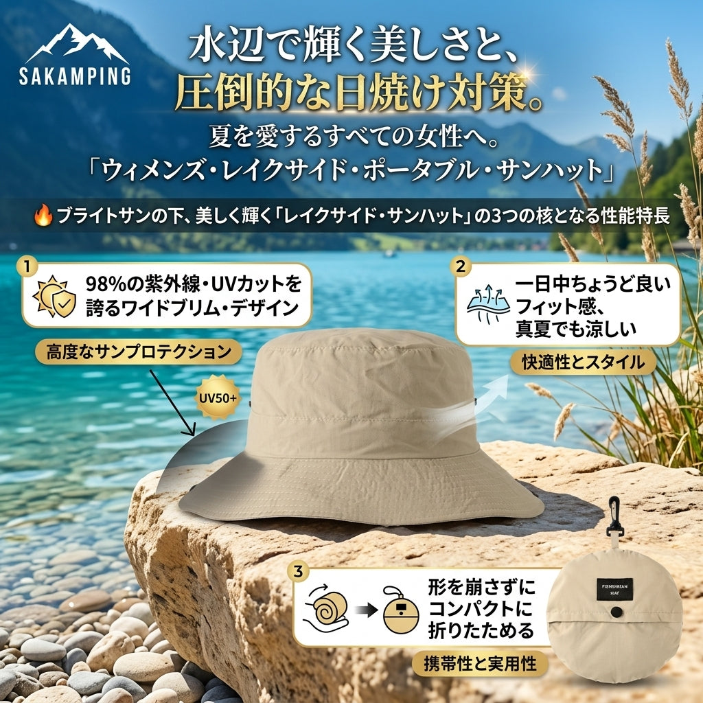 【顔周りから首元まで日焼けを絶対防ぐ・風に飛ばされず折りたたんで持ち運べる洗練レジャーハット】Sakamping ウィメンズ レイクサイド ポータブル サンハット (レディース ポータブル UVカット サンハット) | UVカット UPF50+・つば広・高通気・折りたたみ可能・あご紐付き・風対策 | 釣り・湖畔キャンプ・ガーデニング・ビーチ・旅行・フェス | 1年保証付