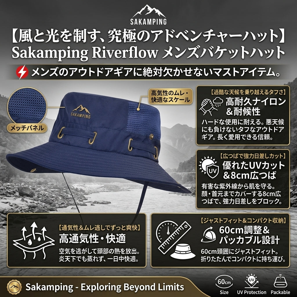 【川の強い照り返しと紫外線を完璧ガード・頭部を蒸れさせない圧倒的通気性と折りたためる柔軟さ】Sakamping リバーフロー メンズ バケットハット (サファリハット) | サイズ調整可能・UVカット・高通気・コンパクト収納 | 川釣り・キャンプ・アウトドア | 1年保証付
