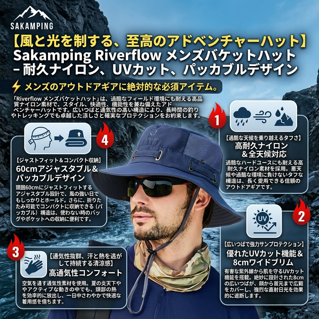 【川の強い照り返しと紫外線を完璧ガード・頭部を蒸れさせない圧倒的通気性と折りたためる柔軟さ】Sakamping リバーフロー メンズ バケットハット (サファリハット) | サイズ調整可能・UVカット・高通気・コンパクト収納 | 川釣り・キャンプ・アウトドア | 1年保証付