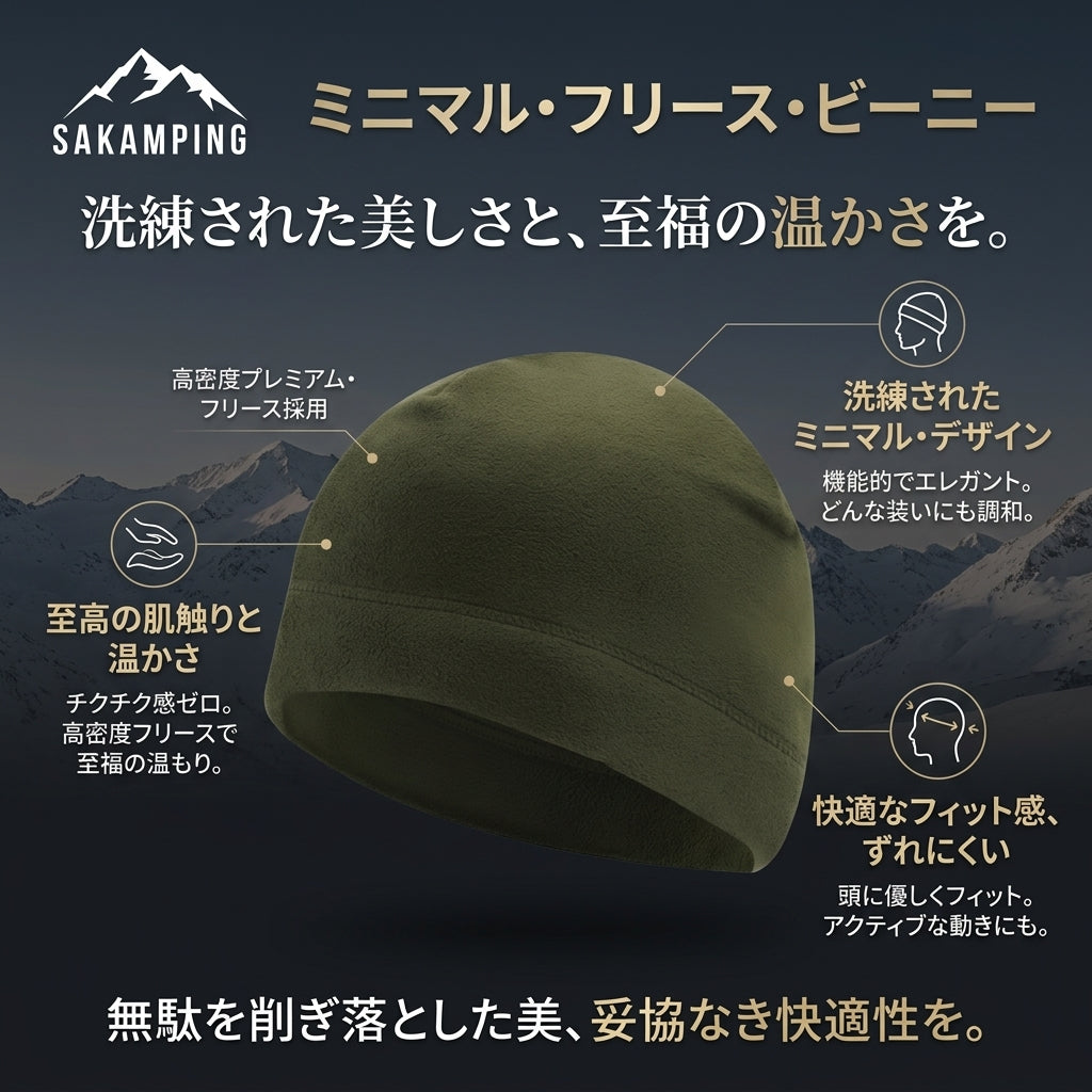 【頭部を優しく包み込む極上の暖かさとミニマルデザイン・圧迫感ゼロで街着から冬アウトドアまで快適】Sakamping ミニマル フリース ビーニー (高機能極暖軽量マイクロフリースニット帽) | 高密度フリース・防風保温・吸汗速乾・静電気防止・軽量ストレッチ・折り返し調整 | 街着・通勤・冬キャンプ・冬釣り・スキー・スノーボード | 1年保証付