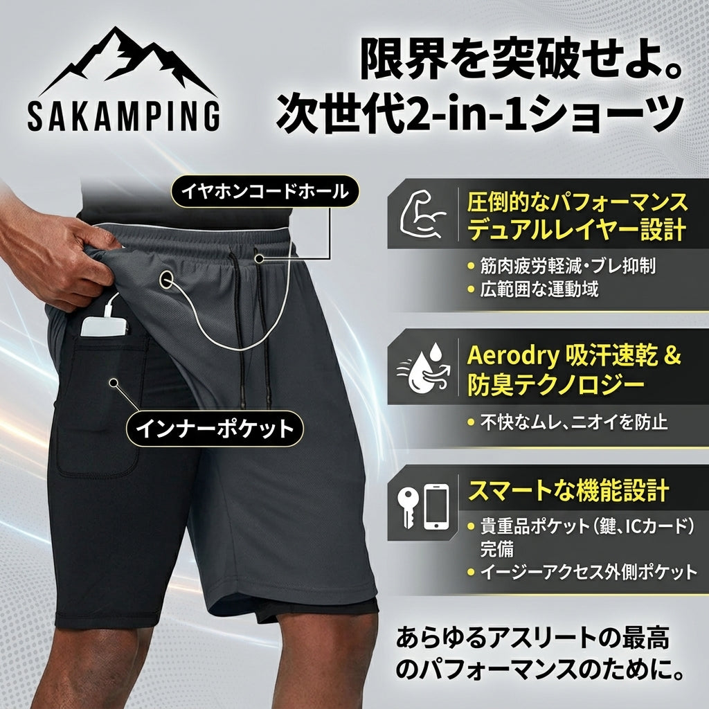 【太ももの擦れを完全に防ぎ走りを止めるな・スマホとイヤホンホール搭載でストレスフリーなトレーニング】Sakamping メンズ エアロドライ 2in1 ショーツ (圧縮ライナー付き 超軽量速乾ランニングパンツ) | 圧縮ライナー・超軽量速乾・イヤホンホール・スマホ固定ポケット | ランニング・ジム・夏釣り・キャンプ・トレーニング | 1年保証付