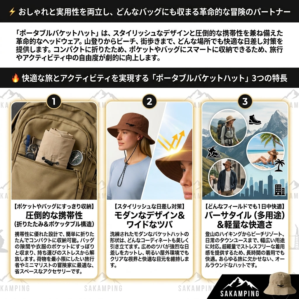【折りたたんでコンパクトに持ち運べる・日差しを遮りかぶっていることを忘れるほどの極上の軽やかさ】Sakamping ポータブル バケットハット (パッカブルハット) | パッカブル・超軽量・スタイリッシュ設計・UVカット | 釣り・キャンプ・ハイキング・旅行・フェス | 1年保証付