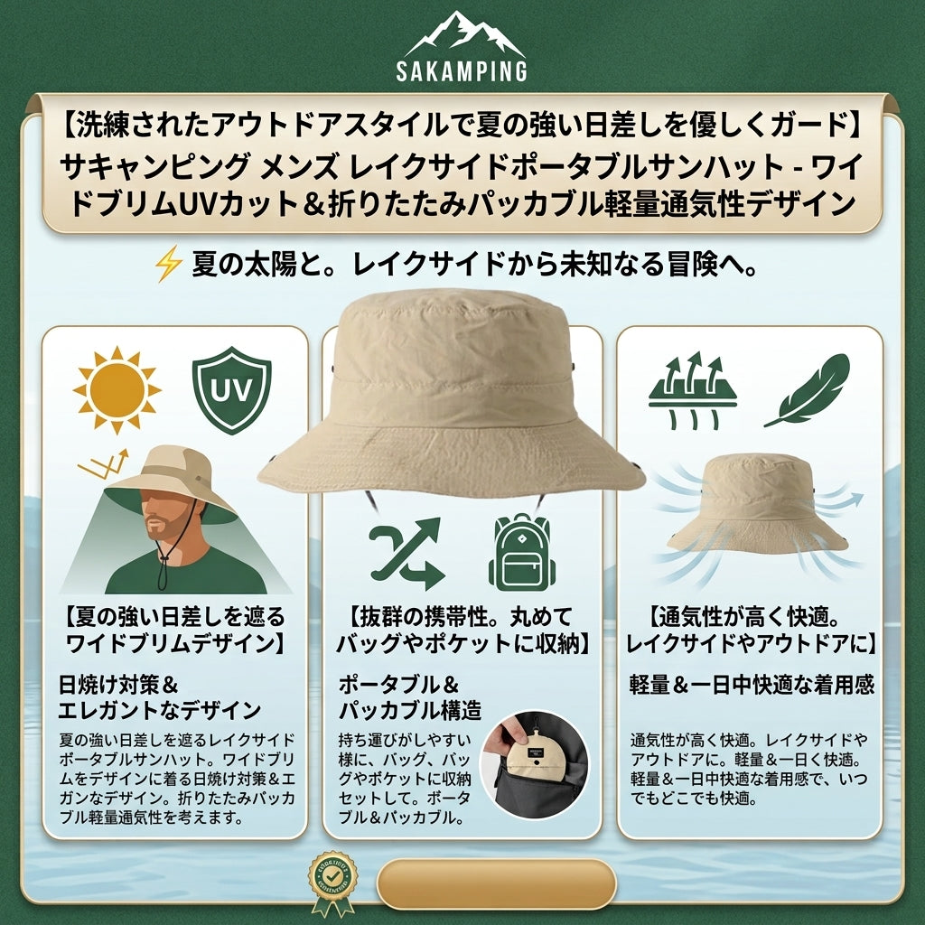 【頭部の蒸れを逃し強烈な直射日光を遮断・鞄に入れても型崩れしない持ち運び自由自在な極上日よけハット】Sakamping メンズ レイクサイド ポータブル サンハット (UVカット サファリハット) | UV50+・高通気・パッカブル・軽量設計 | 湖畔釣り・キャンプ・ハイキング・アウトドア・フェス | 1年保証付