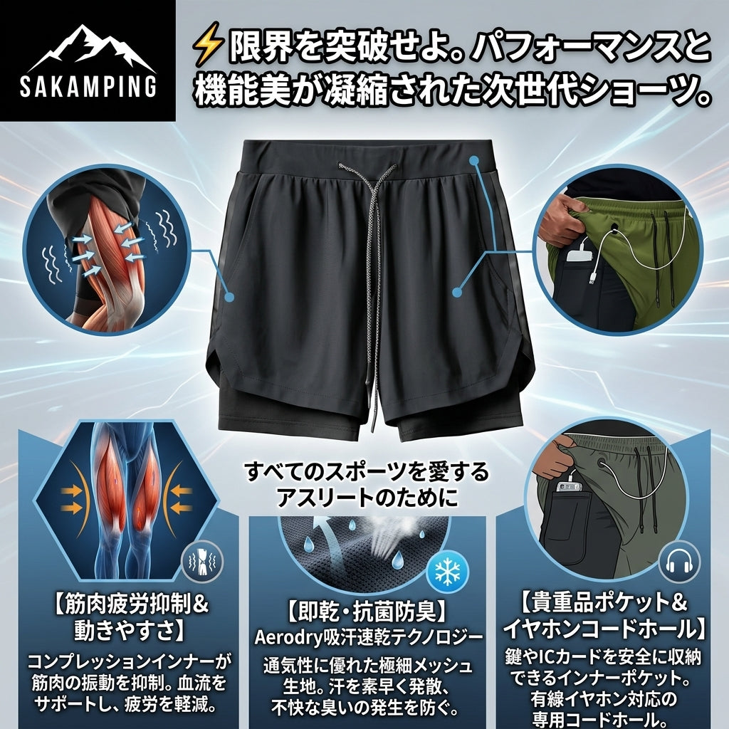 【太ももの擦れを完全に防ぎ走りを止めるな・スマホとイヤホンホール搭載でストレスフリーなトレーニング】Sakamping メンズ エアロドライ 2in1 ショーツ (圧縮ライナー付き 超軽量速乾ランニングパンツ) | 圧縮ライナー・超軽量速乾・イヤホンホール・スマホ固定ポケット | ランニング・ジム・夏釣り・キャンプ・トレーニング | 1年保証付