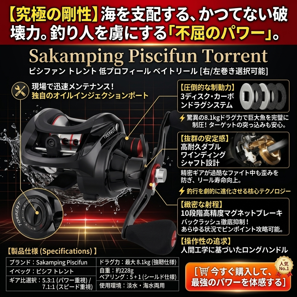 【コスパ最強】Sakamping Piscifun Torrent ベイトリール | 最大ドラグ力8.1kg・カーボンドラグ搭載 | 7.1:1高速ギア | 強靭真鍮ギア・磁気ブレーキ | バス・ソルト対応 | 1年保証付
