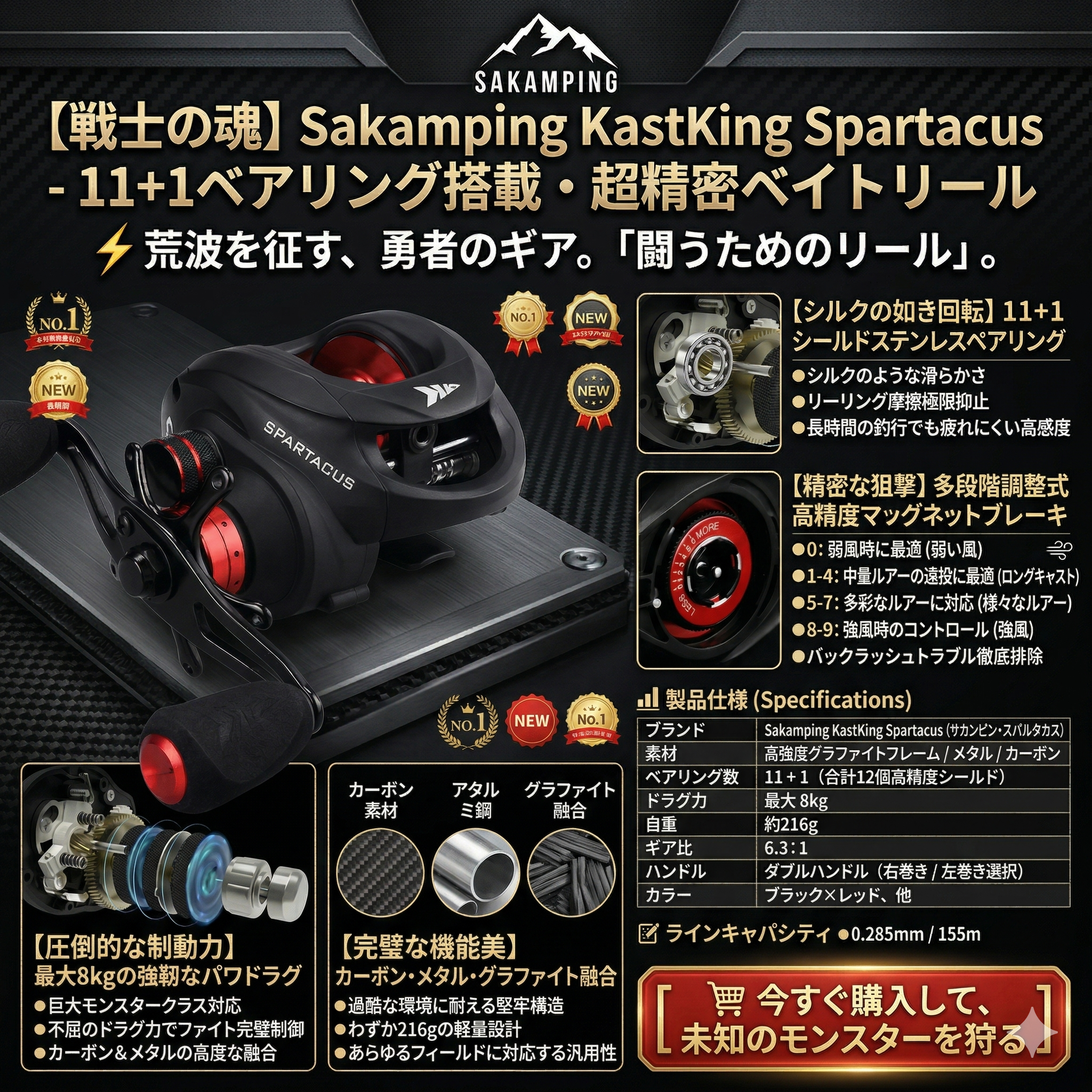 【バックラッシュ激減】Sakamping KastKing スパルタカス | 遠心&マグネット式デュアルブレーキ搭載 | 最大ドラグ8kg・7.2:1高速ギア | 高精度カーボン&セラミック設計 | バス・ソルト対応 | 1年保証付