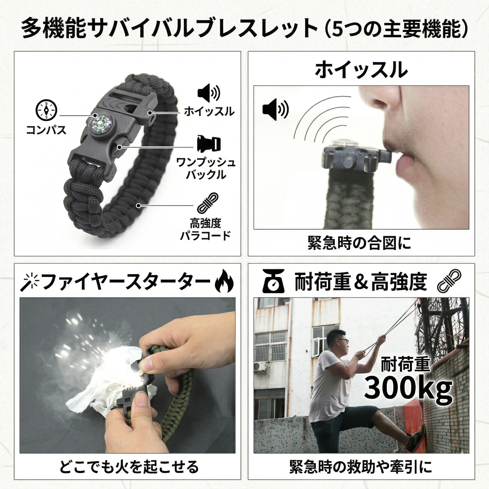 【究極のサバイバル】Sakamping タクティカルブレスレット | 5-in-1 多機能パラコード | コンパス・ホイッスル・火打ち石搭載 | キャンプ・登山・災害対策に最適 | 高耐久ミリタリー設計