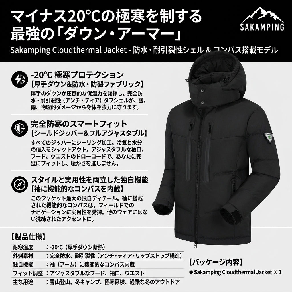 【マイナス20℃の極寒を制圧・枝や岩の摩擦に耐える完全防水ダウン】Sakamping メンズ クラウドサーマル ダウンジャケット | -20℃対応・防水・耐引裂仕様(リップストップ)・高純度ダウン | 雪中キャンプ・厳冬期の釣り・極地探検 | 1年保証付