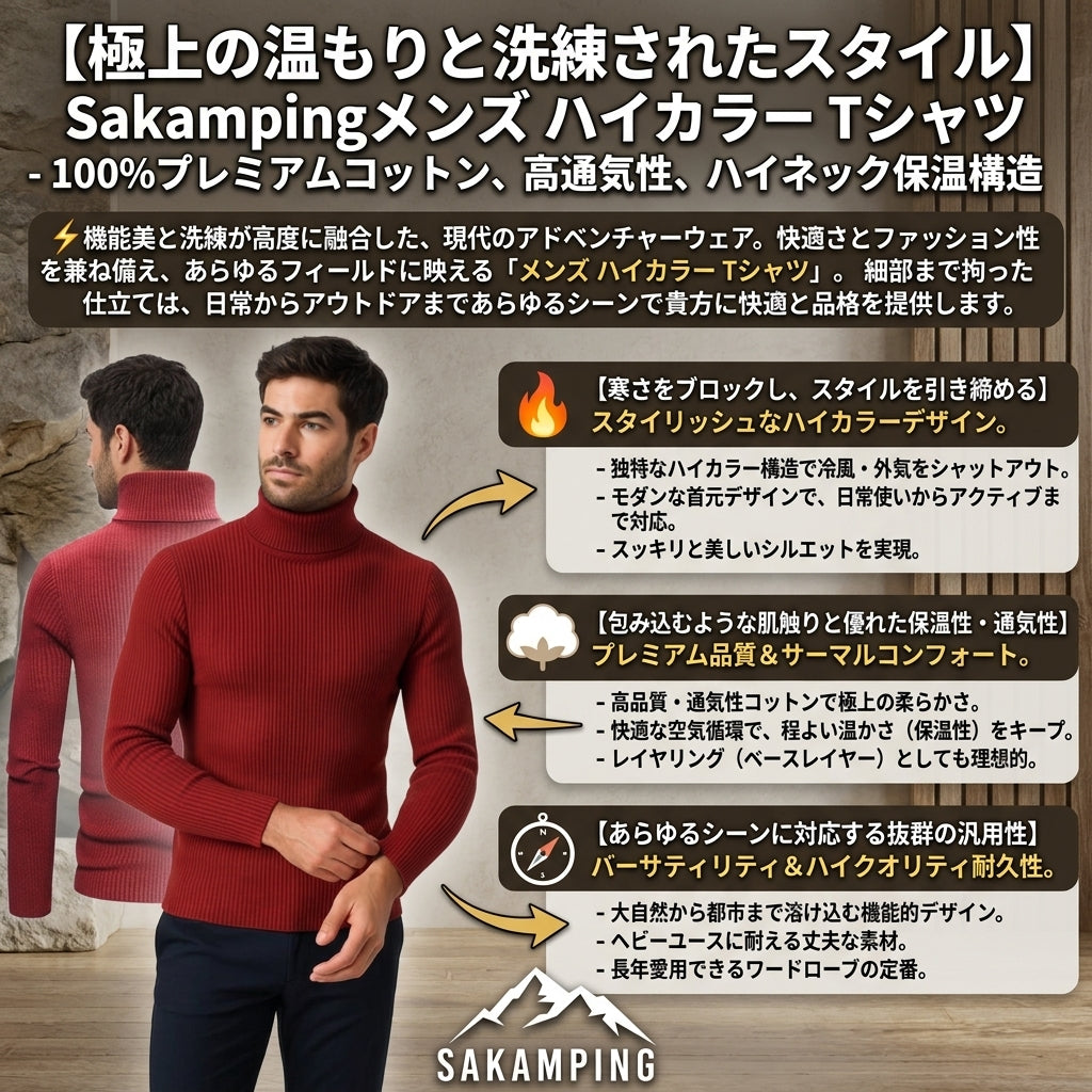【首元からの冷気を完全に遮断しスマートに魅せる・極上の肌触りとぬくもりを誇る上質サーマルコットン】Sakamping メンズ ハイネック Tシャツ (長袖 インナー) | 保温・高通気・着回し万能・高伸縮 | デイリーユース・冬キャンプ・レイヤリング | 1年保証付
