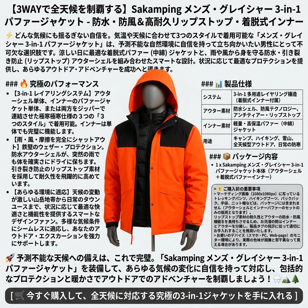 【天候に合わせて3WAYで着回し・暴風雨を弾く最強の防寒アウター】Sakamping メンズ グレイシャー 3-in-1 パファージャケット | 完全防水・防風・着脱式インナーダウン | 冬のキャンプ・雪山・バイク通勤 | 1年保証付