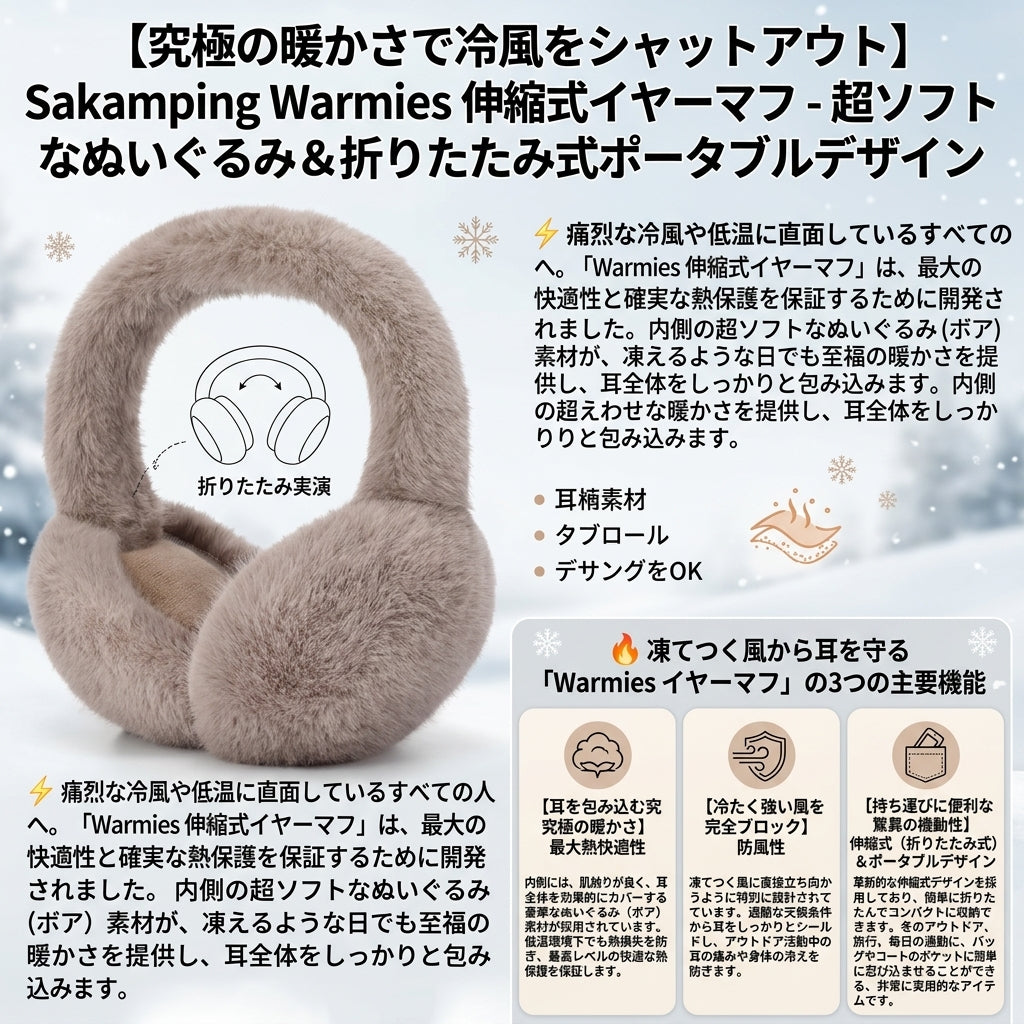 【冷たい風を完全ブロック・極上のふわふわ裏起毛で耳元を暖かく包み込む】Sakamping Warmies 折りたたみ イヤーマフ(耳当て) | 防風・保温・極厚ボア・コンパクト収納 | 冬の通勤・通学・アウトドア | 1年保証付