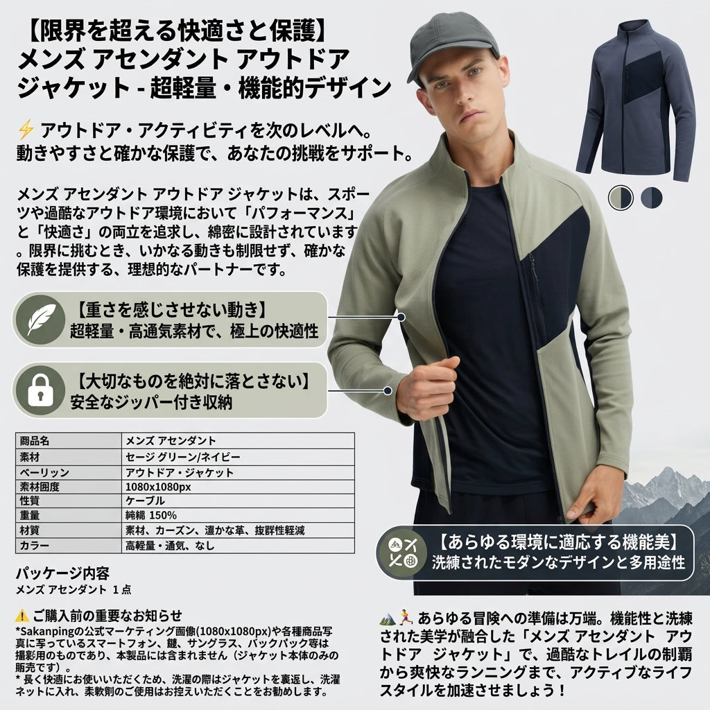 【サッと羽織れて蒸れない・計算された収納力と機動力】Sakamping メンズ 超軽量 アウトドアジャケット | 高通気・ジップポケット搭載・ストレッチ | キャンプ・ランニング・自転車通勤 | 1年保証付