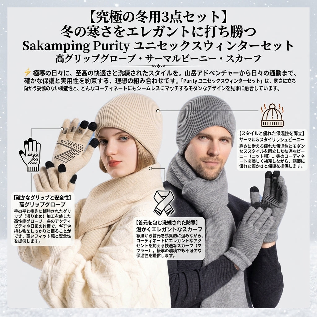 【首元・頭部・指先から逃げる体温を完全防御・冬の外出をスタイリッシュに彩る極上3点セット】Sakamping Purity ユニセックス 防寒3点セット | 滑り止めグローブ・マフラー・ビーニー | 冬の通勤・ギフト・アウトドア | 1年保証付