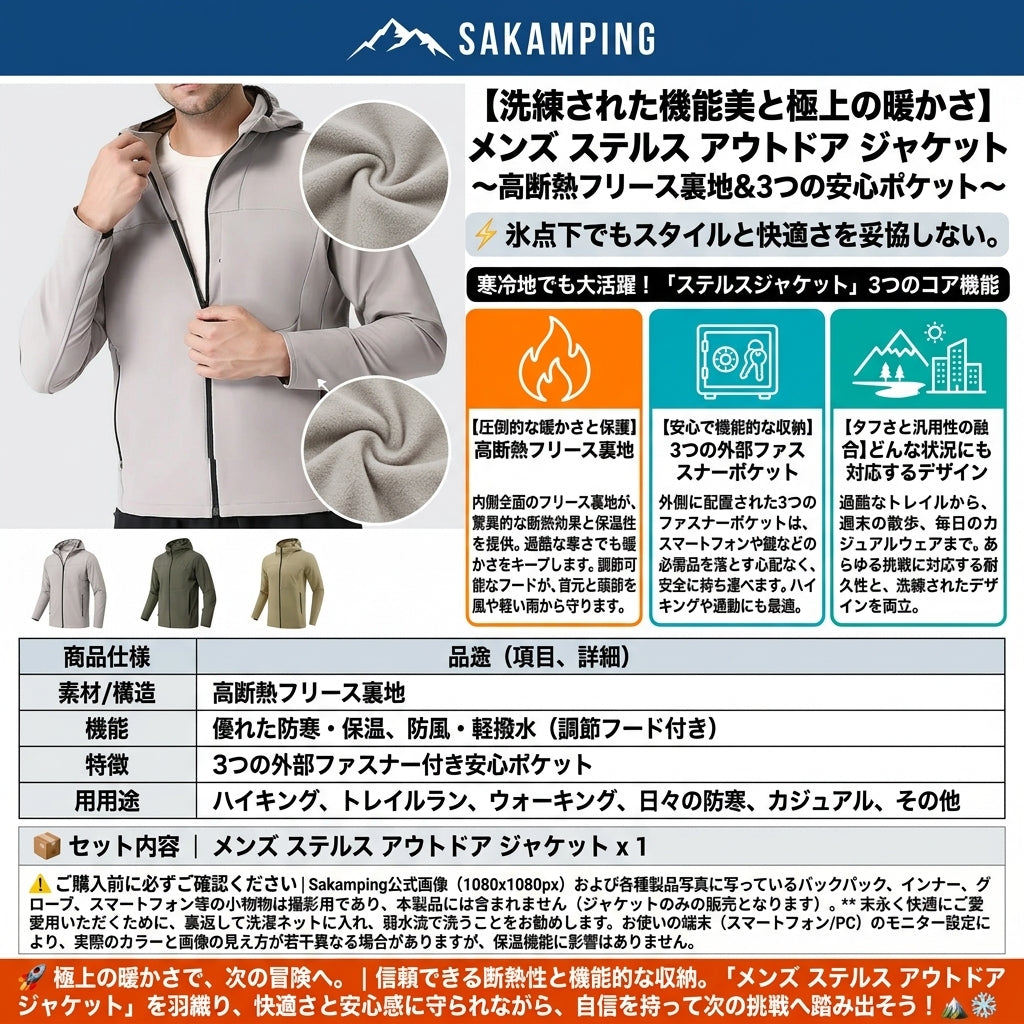 【着膨れしないスマートなシルエット・裏フリースで驚異の保温力】Sakamping メンズ 裏起毛 アウトドアジャケット | 防風保温・フード調節・ジップポケット搭載 | 冬キャンプ・夜釣り・タウンユース | 1年保証付