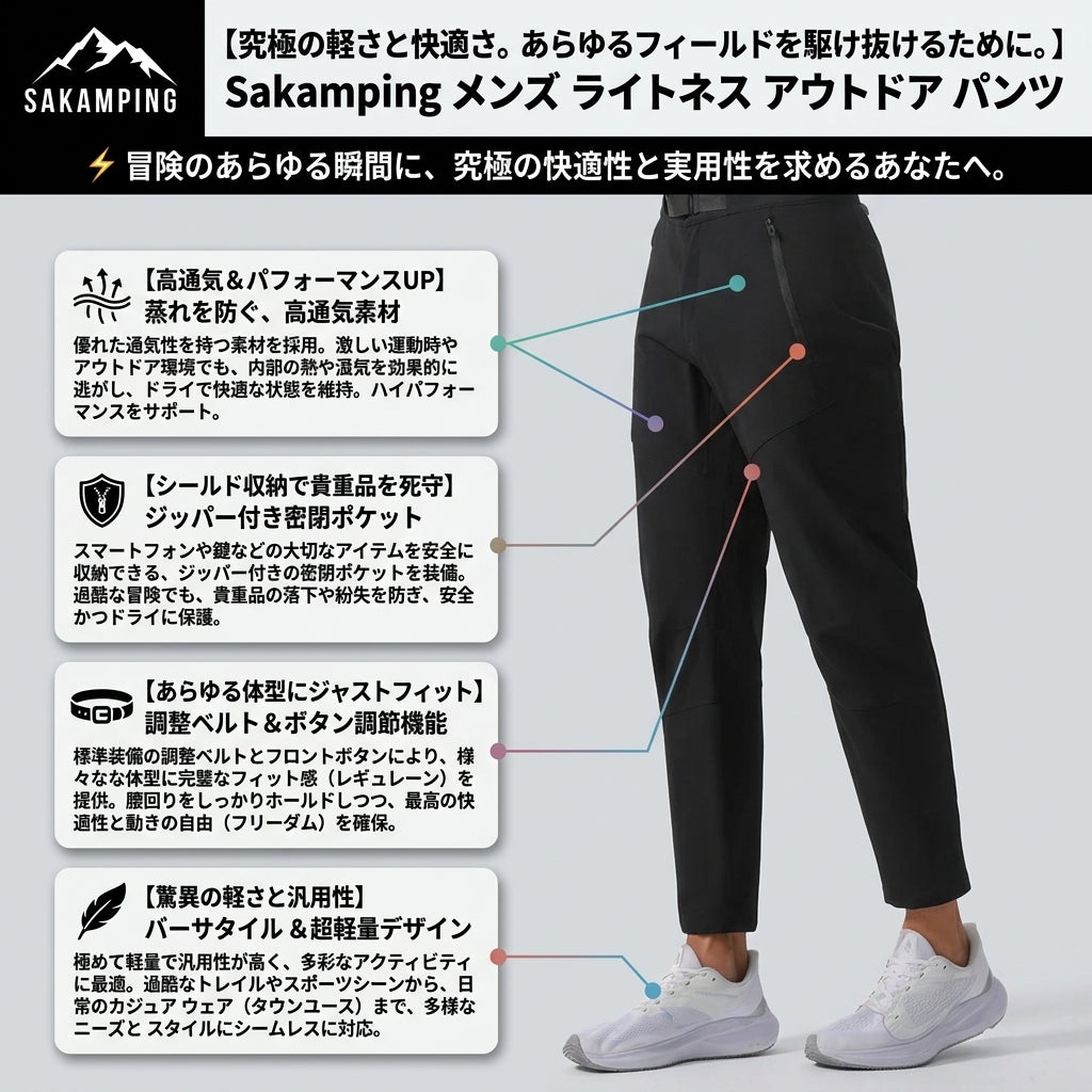 【不快な汗を瞬時に逃がす極上の通気性・貴重品を絶対に落とさない安心のジップ搭載】Sakamping メンズ ライトネス アウトドア トレッキングパンツ | 高通気・ジップポケット・サイズ調整機能 | 登山・ハイキング・釣り | 1年保証付