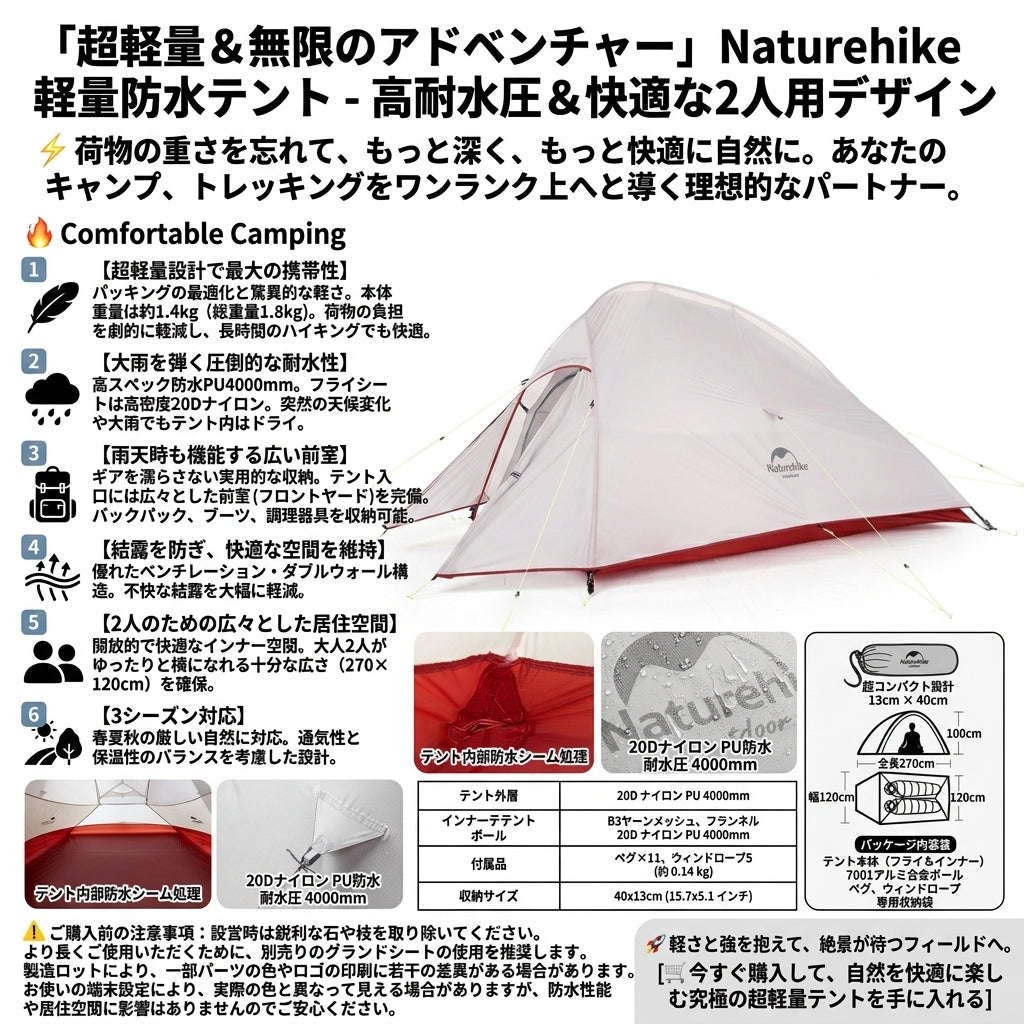 【過酷な大雨から身を守る耐水圧4000mm】Naturehike 超軽量 防水山岳テント | 2人用・高防風・コンパクト | 本格登山・バックパッキング・ツーリング | 1年保証付