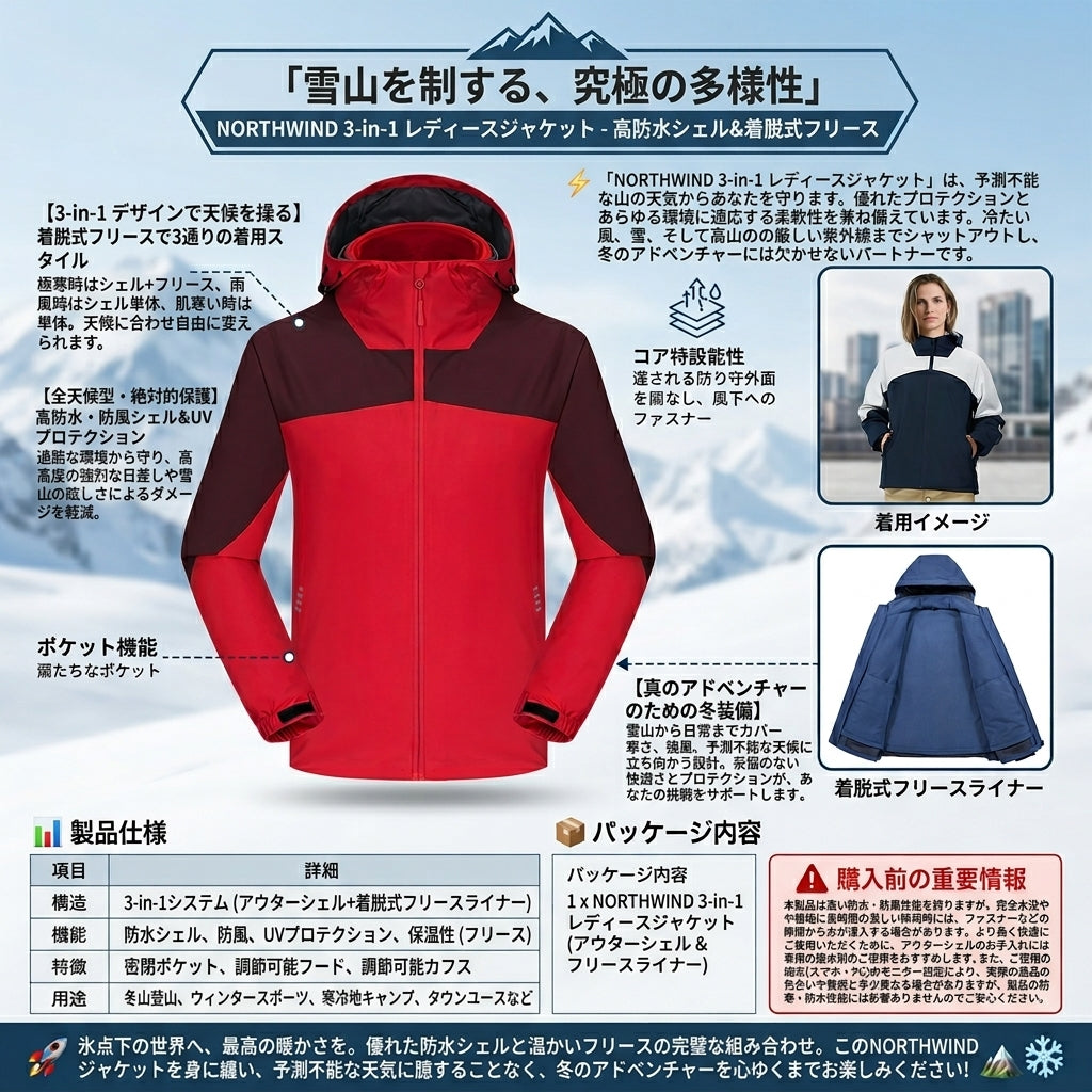 【気温と天候の変化に即対応・一着で3シーズン着回せる万能アウター】Northwind レディース 3in1 スノージャケット | 完全防水・防風・UVカット | スノーボード・本格登山・防寒着 | 1年保証付