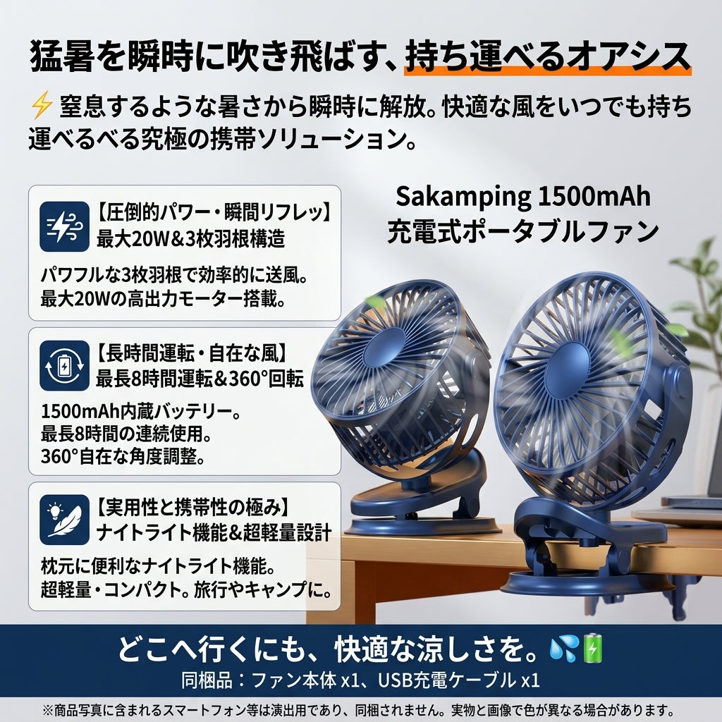 【狙った場所に涼しい風を確実にお届け・優しい光で夜のテントも快適】Sakamping 1500mAh 卓上・ポータブル扇風機 | 360度回転・ナイトライト・最大8時間連続稼働 | キャンプ・車中泊・デスクワーク | 1年保証付