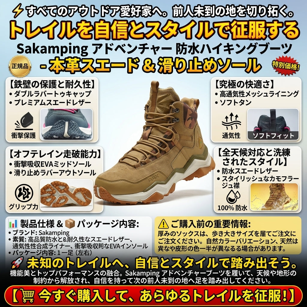 【本物志向のあなたへ】Sakamping アドベンチャー トレッキングブーツ | 防水レザー・天然スエード | 防滑ラバーソール・透湿性 | 本格登山・キャンプ・アウトドア対応 | 1年保証付