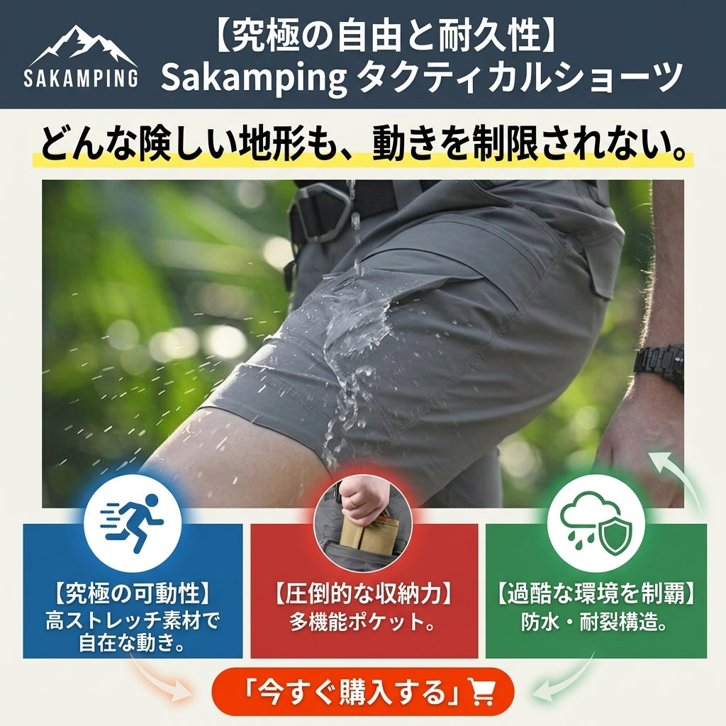 【手ぶらで動ける多収納】Sakamping タクティカル ショートパンツ | 防水・ストレッチ・高耐久リップストップ | 多数ポケット装備 | キャンプ・釣り・ハイキング対応 | 1年保証付