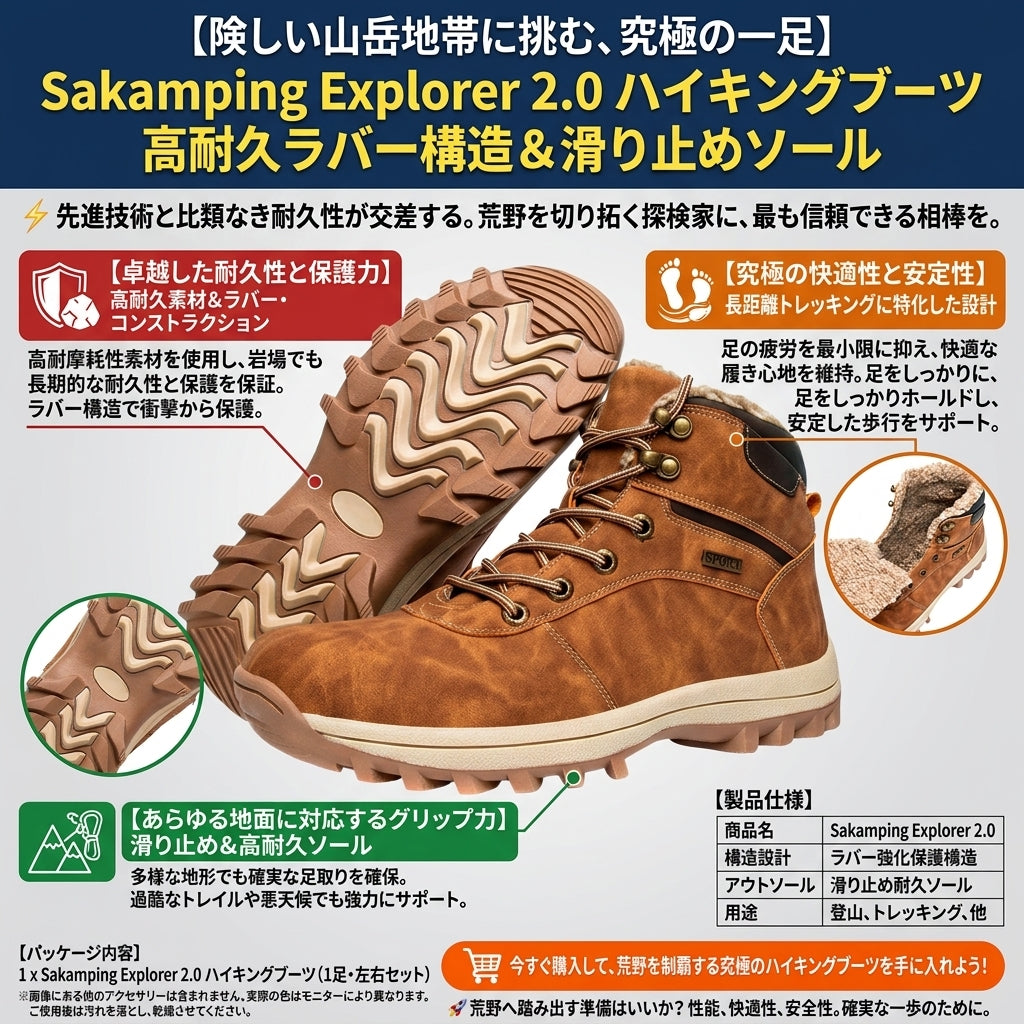 【悪路を制破する圧倒的なグリップ力・長時間の登山でも疲れない極上の安定感】Sakamping Explorer 2.0 トレッキングシューズ | 高耐久・防滑ソール・安定設計 | 登山・ハイキング・アウトドア | 1年保証付