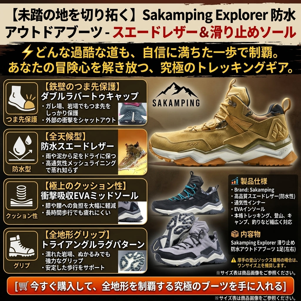 【本格アウトドアと街歩きを両立】Sakamping エクスプローラー トレッキングシューズ | 透湿防水・天然スエード | 防滑ラバーソール・超軽量 | 登山・ハイキング・キャンプ対応 | 1年保証付