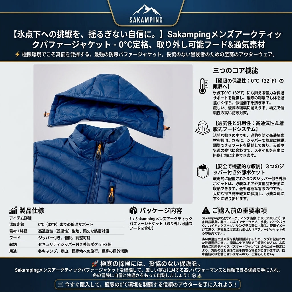 【0℃の寒さも完全克服・都会から雪山まで対応する究極の暖かさ】Sakamping メンズ アークティック パファーダウンジャケット | 0℃対応・着脱式フード・高通気 | 防寒・冬の通勤・スキー旅行 | 1年保証付