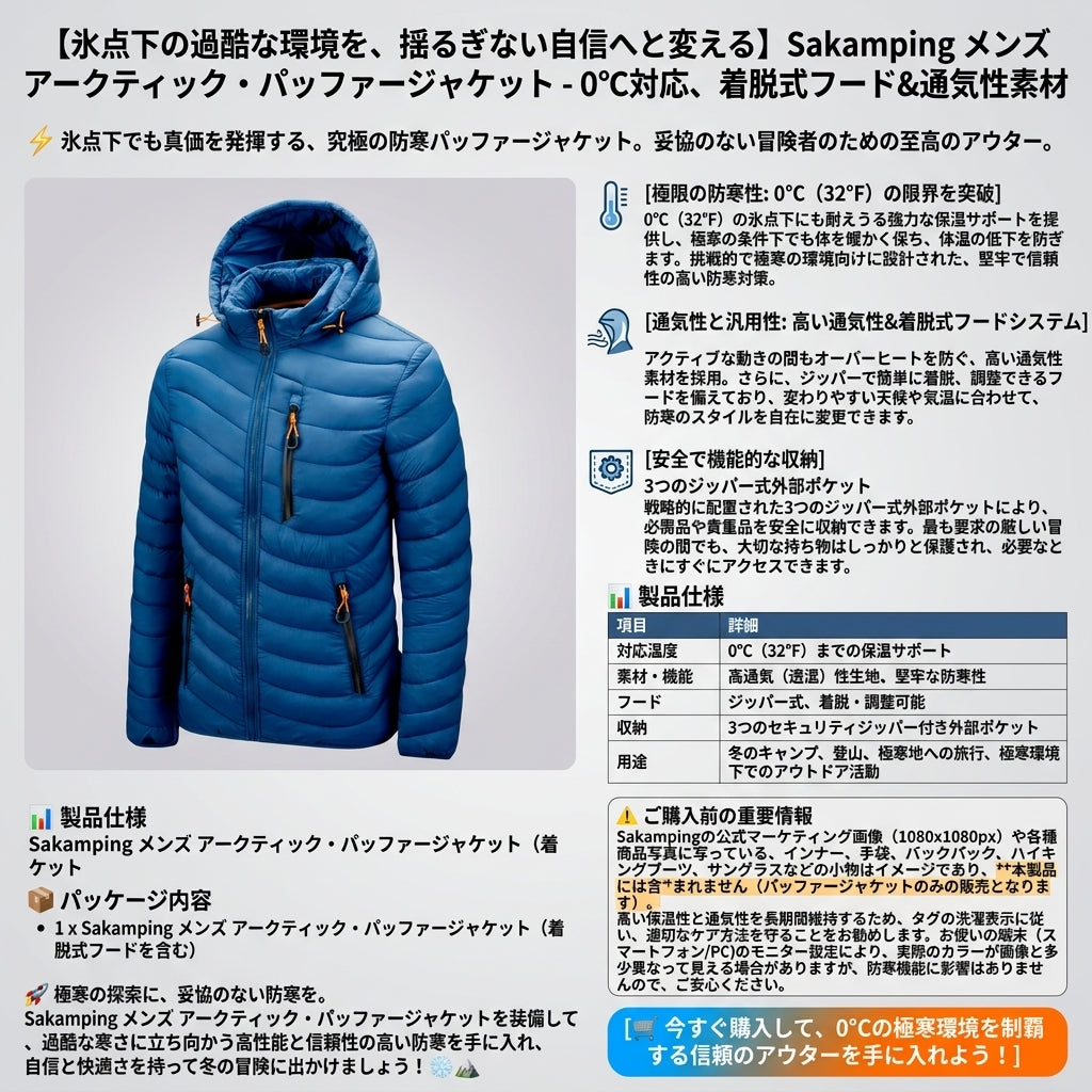 【0℃の寒さも完全克服・都会から雪山まで対応する究極の暖かさ】Sakamping メンズ アークティック パファーダウンジャケット | 0℃対応・着脱式フード・高通気 | 防寒・冬の通勤・スキー旅行 | 1年保証付