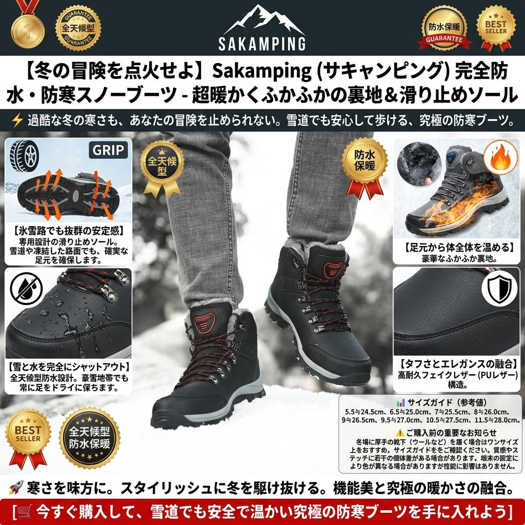【雪道も安心の防滑設計】Sakamping ウィンター スノーブーツ | 防水PUレザー・極暖ボア裏地 | 超軽量・お手入れ簡単 | 冬キャンプ・雪山・通勤対応 | 1年保証付