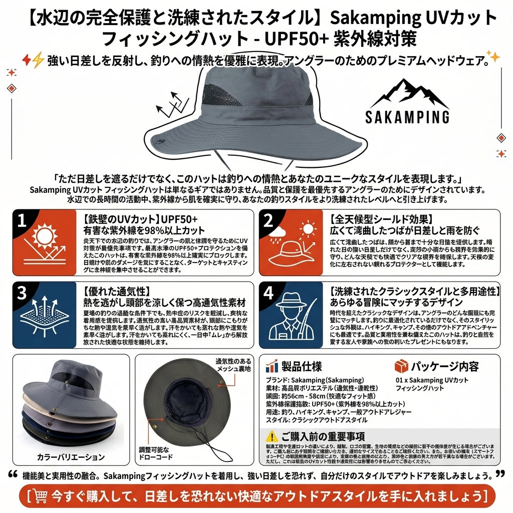 【最高基準UPF50+】Sakamping 釣り用 日よけ帽子 | 360度UVカット・熱中症対策 | 吸汗速乾・超軽量・高通気性 | フィッシング・登山・農作業対応 | 1年保証付