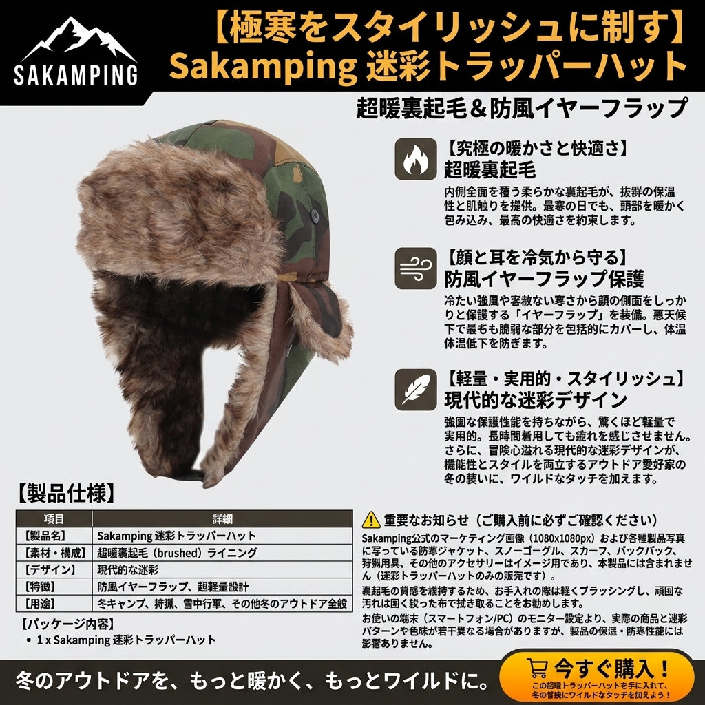 【冬の森に溶け込む迷彩柄・過酷な風を遮断し頭部を極暖に】Sakamping 迷彩柄(カモフラ) ユーコン トラッパーハット | 極厚ボア裏地・防風イヤーフラップ・飛行帽 | 冬キャンプ・ハンティング・雪山 | 1年保証付