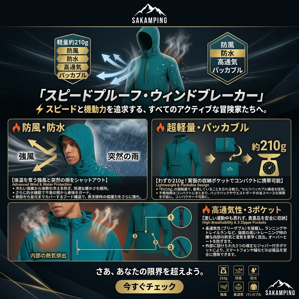 【風を切り裂きスピードを極める・わずか210gの圧倒的軽さで雨と嵐を完全シャットアウト】Sakamping スピードプルーフ ウィンドブレイカー (軽量超高機能ウインドブレーカー) | 完全防水・高透湿・超軽量210g・コンパクトパッカブル | 釣り・トレイルランニング・ロードバイク・登山・非常用 | 1年保証付