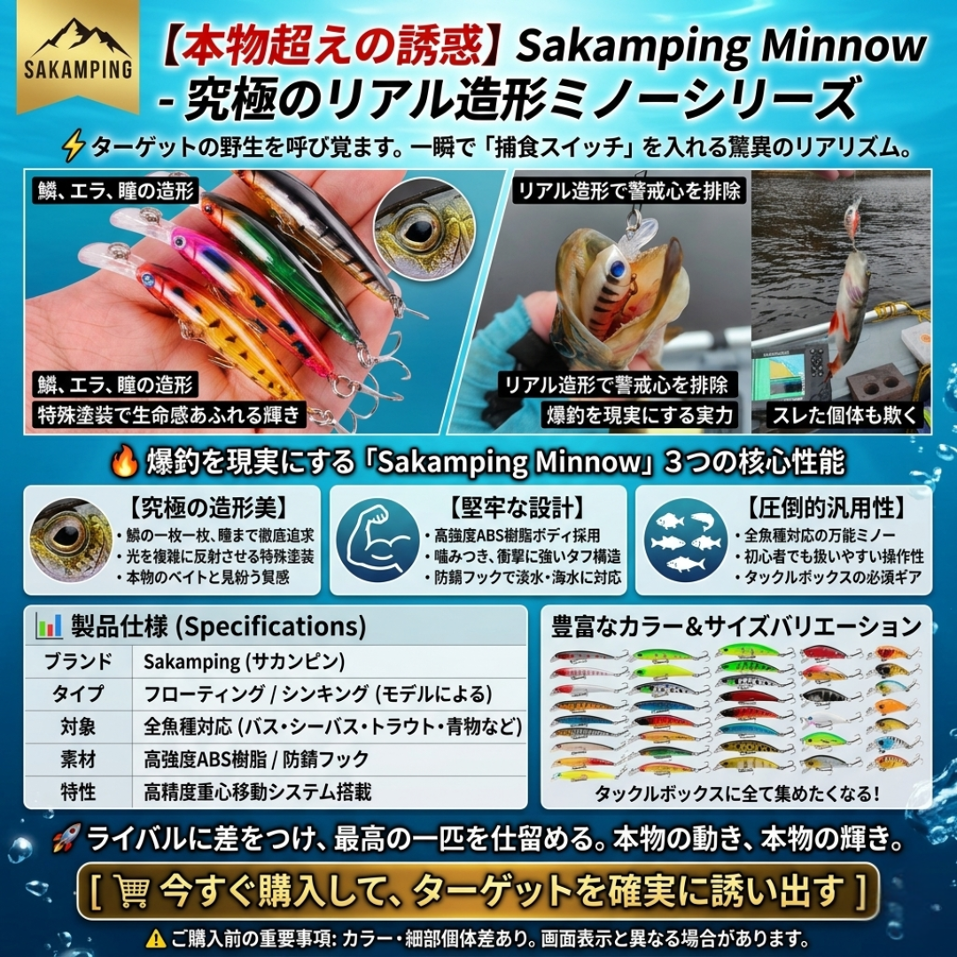 【プロ仕様】驚異の爆釣力!Sakamping G-Flash 高性能ミノー | 圧倒的な飛距離と艶めかしい泳ぎを実現 | 重心移動システム搭載・リアルな小魚の動きを再現 | シーバス・青物・バス釣りに最適 | 安心の1年保証付