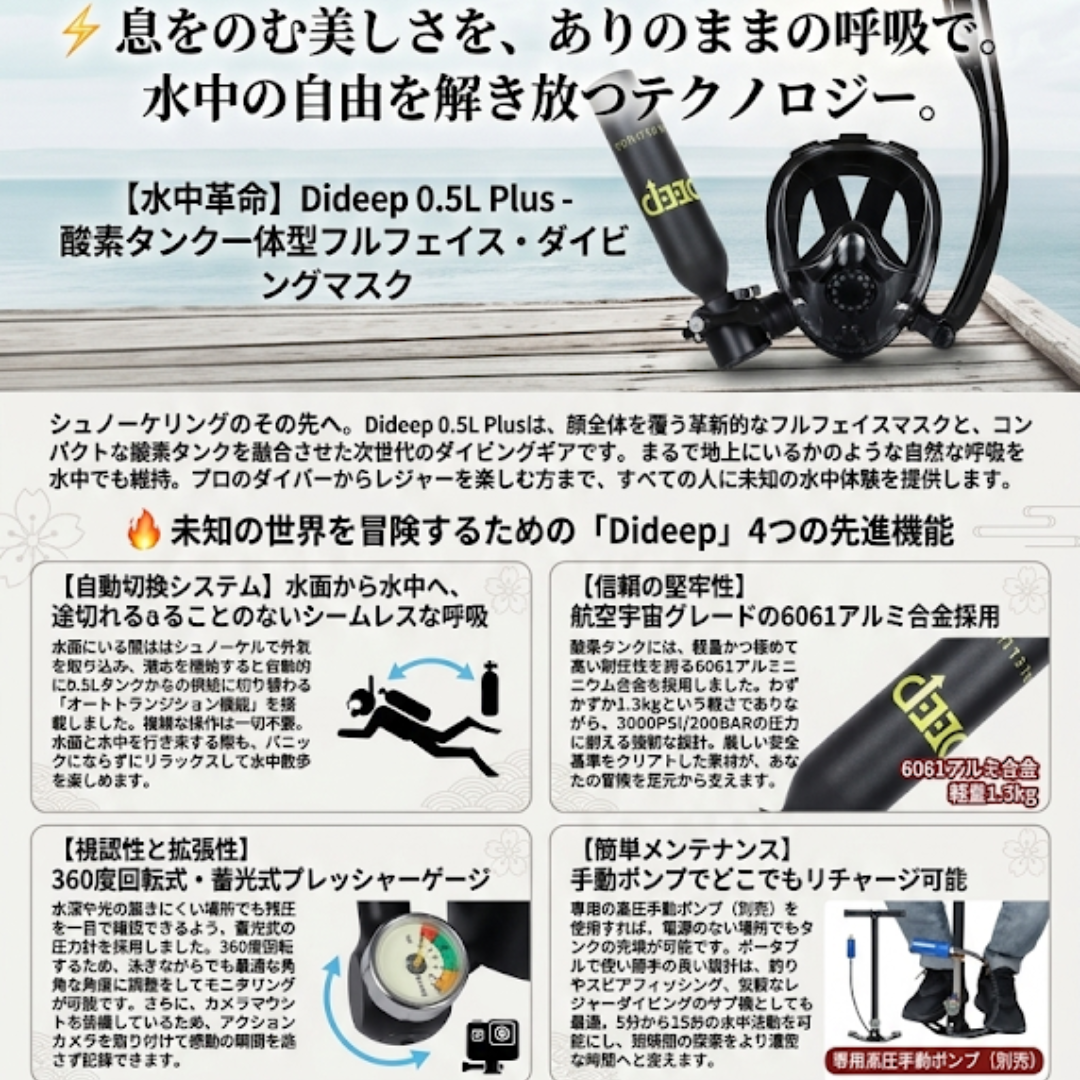 【電源不要・どこでも充填】Sakamping DIDEEP 手動式高圧ポンプ | 最大3000PSI対応・3段空冷設計 | ステンレス製・高耐久・ポータブル | ミニスキューバタンク専用 | 安心の1年保証付