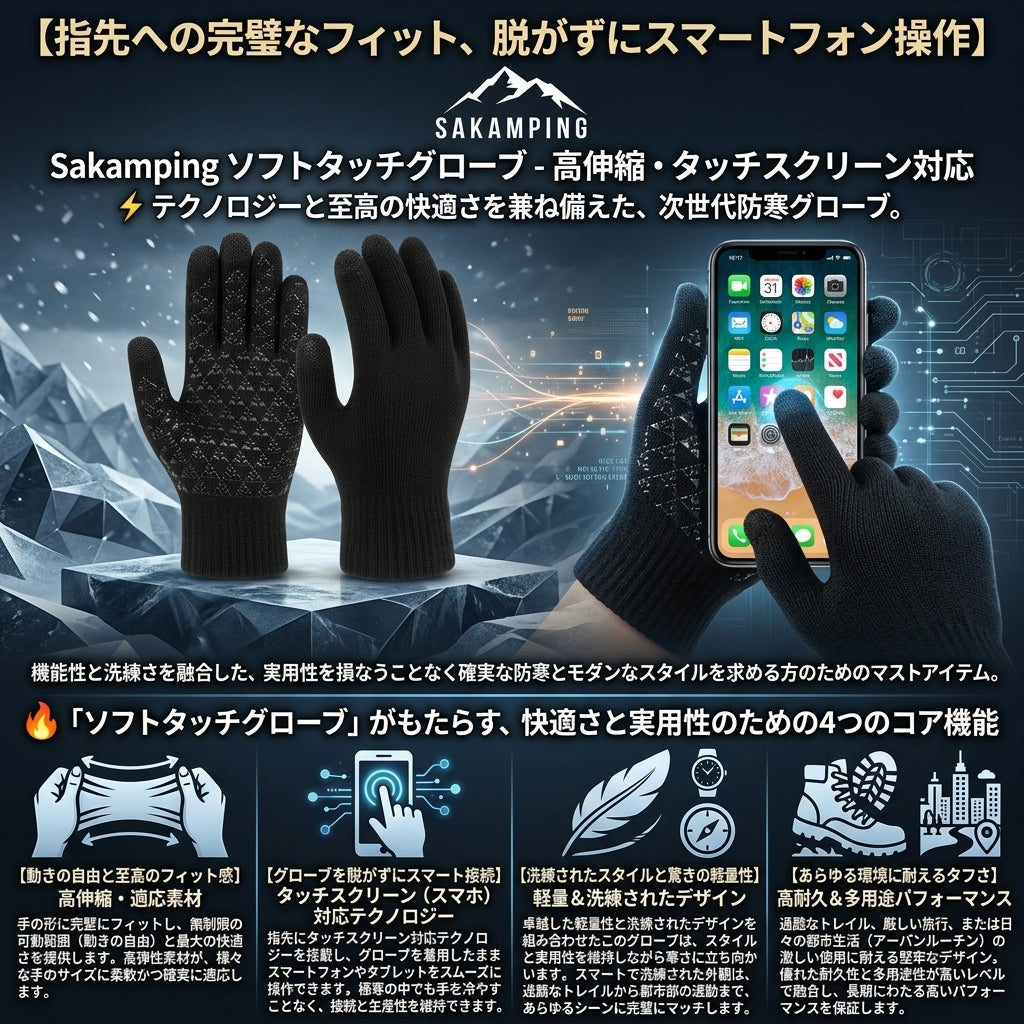 【着けたままスマホ操作・素手のようなフィット感と極上の軽さ】Sakamping ソフトタッチ アウトドアグローブ (手袋) | スマホ対応・高伸縮ストレッチ・超軽量 | 釣り・ランニング・キャンプ | 1年保証付