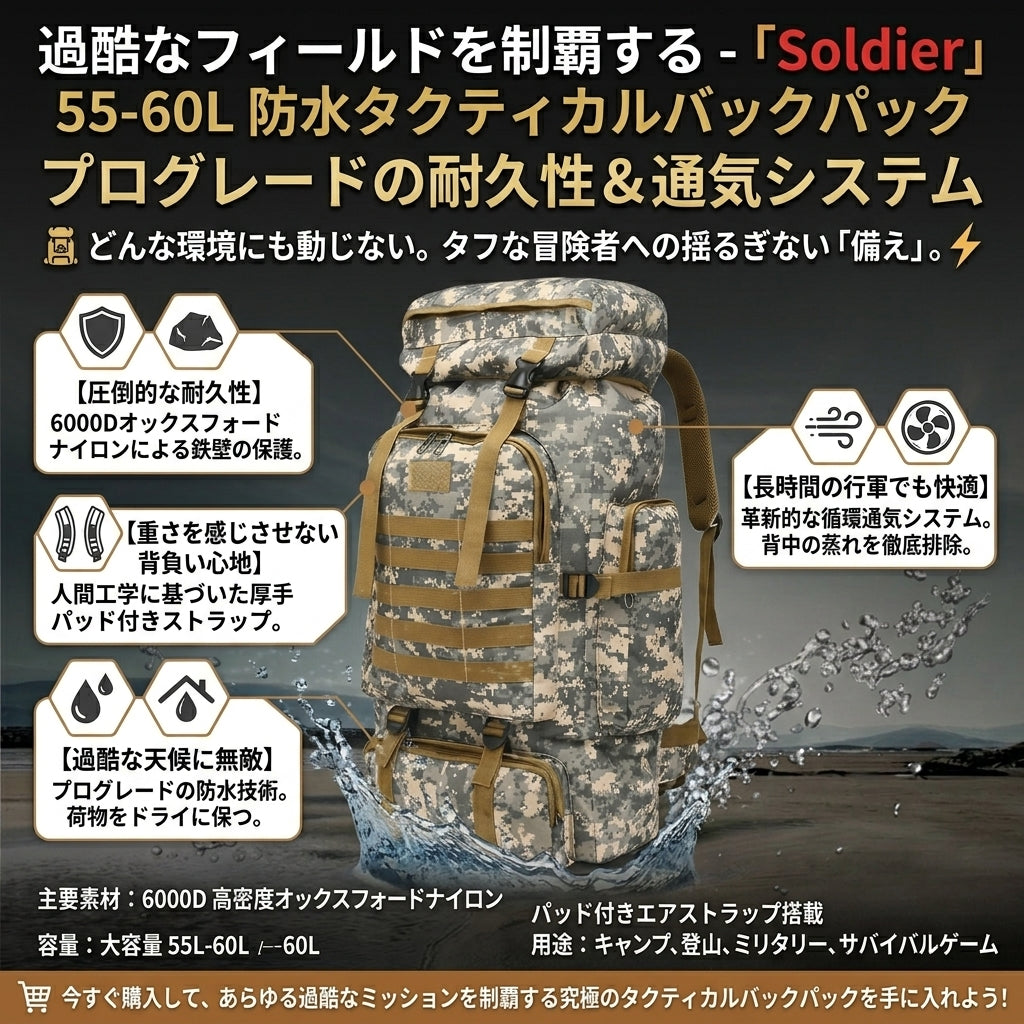 【過酷な環境を征する・軍用スペックのタフネスと大容量】Sakamping 60L ミリタリーバックパック | 高耐久・防水・モールシステム対応 | 本格登山・サバゲー・防災サバイバル | 1年保証付