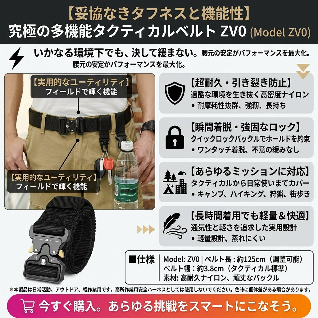 【究極のホールド感・一日中緩まない高耐久タクティカルベルト】Sakamping EDCベルト | クイックリリースバックル・高強度ナイロン・無段階調整 | サバゲー・登山・DIY・作業用 | 1年保証付