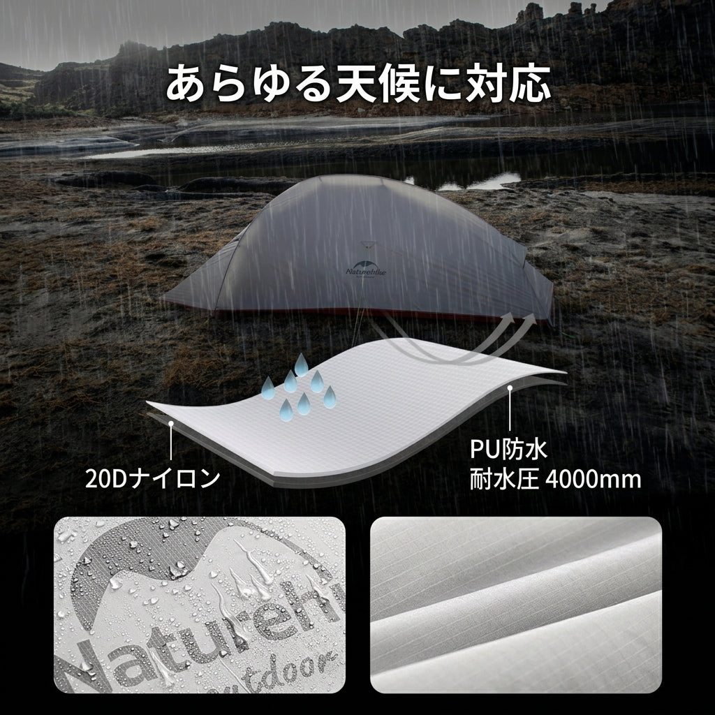 【過酷な大雨から身を守る耐水圧4000mm】Naturehike 超軽量 防水山岳テント | 2人用・高防風・コンパクト | 本格登山・バックパッキング・ツーリング | 1年保証付