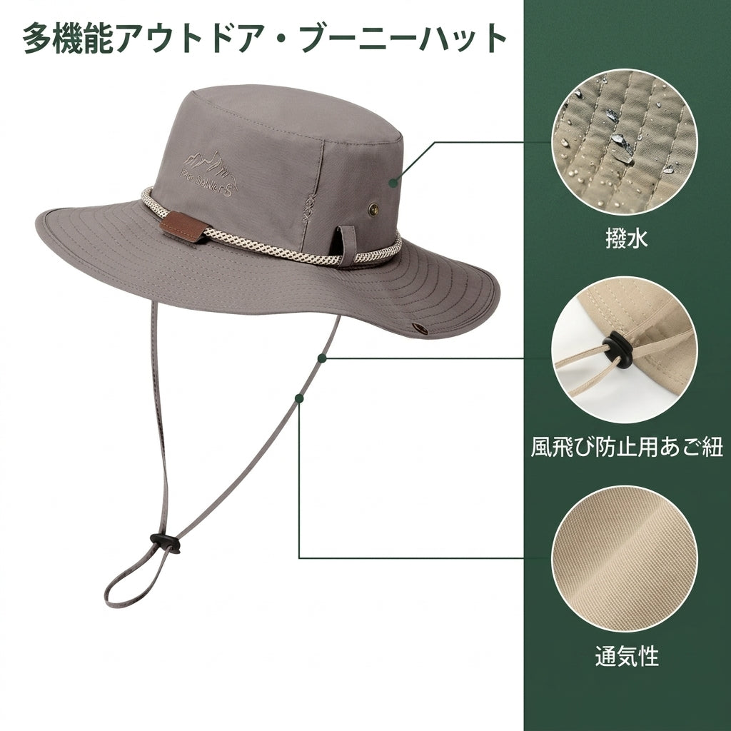 【突然の豪雨も猛烈な紫外線もこれ一つで完全防御】Sakamping 防水 ブーニーハット UPF50+ | 高撥水・透湿・つば広・あご紐付き | 登山・釣り・キャンプ・野外フェス | 1年保証付