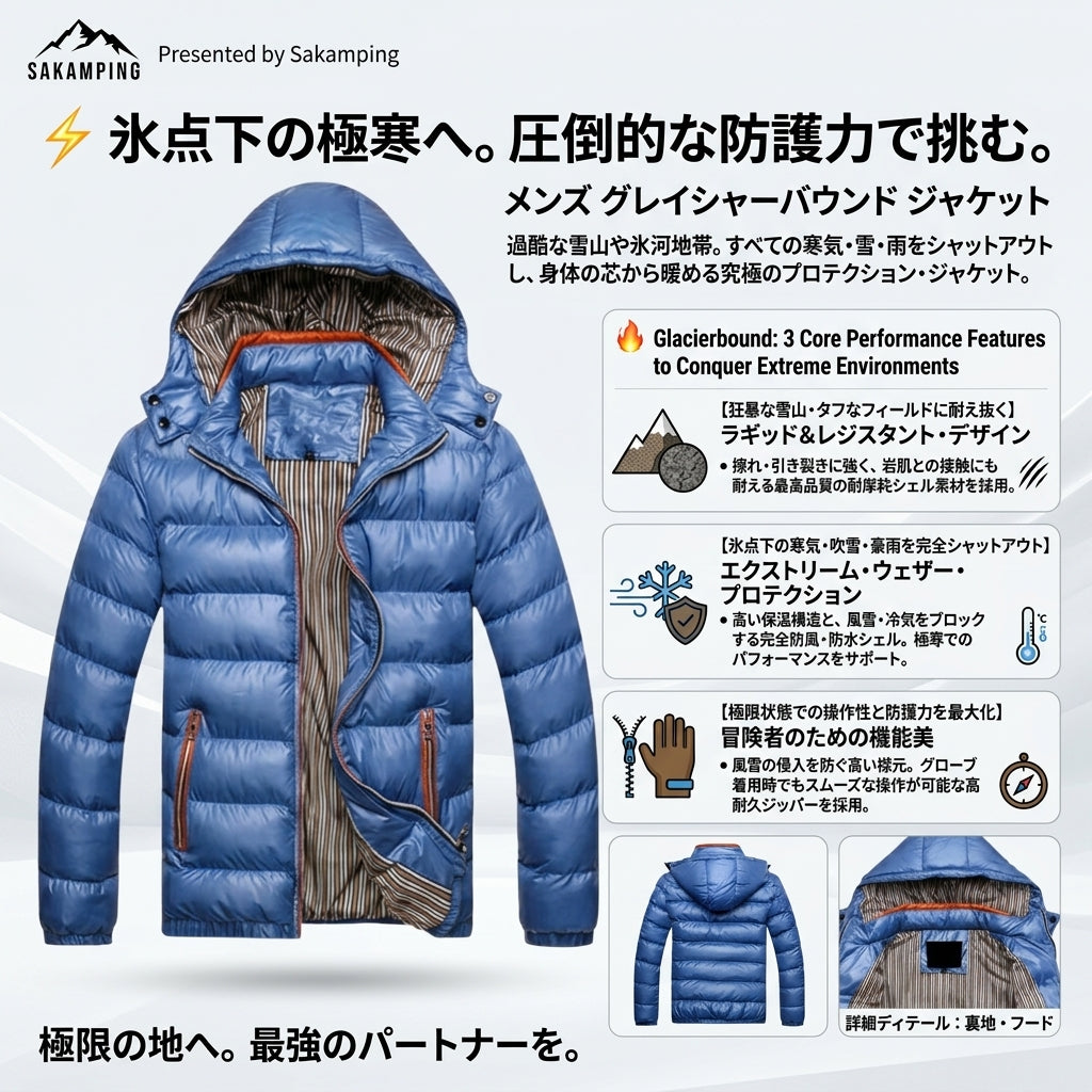 【極寒の暴風雪を完全遮断・厳しい雪山や氷点下フィールドでも体内温度を逃さない最強保温防風シェル】Sakamping メンズ グラシアバウンド ジャケット (極地対応 完全防水防寒マウンテンパーカー) | 耐水圧20,000mm・高機能中綿/ダウン保温・完全防水シームテープ・多機能ミリタリーポケット・調整可能ヘルメット対応フード | 極地遠征・冬釣り・雪山登山・厳冬期キャンプ・タウンユース | 1年保証付