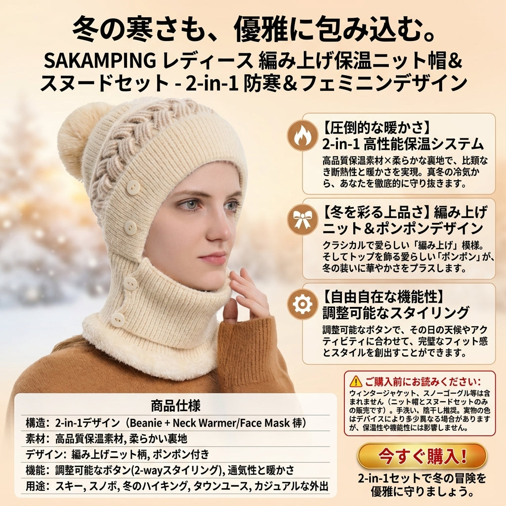 【これ1つで極寒対策完了・大人可愛い冬のトータルコーディネート】Sakamping レディース ケーブルニット ビーニー&スヌードセット | フェイスマスク付き・裏ボア保温・ポンポン付き | 冬のお出かけ・スキー・雪遊び | 1年保証付