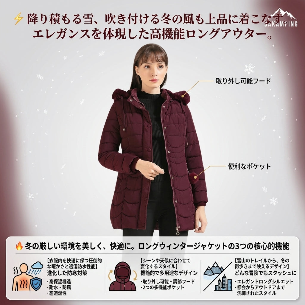 【足元まで包み込む極上の暖かさと美シルエット・フード着脱で街着からアウトドアまで映える洗練コート】Sakamping ウィメンズ ロング ウィンター ジャケット (レディース エレガントロングダウンコート) | 高機能軽量中綿・防風撥水シェル・着脱可能フード・Wファスナー・美シルエット・高透湿 | 厳冬期の街着・通勤・冬キャンプ・旅行・観戦 | 1年保証付