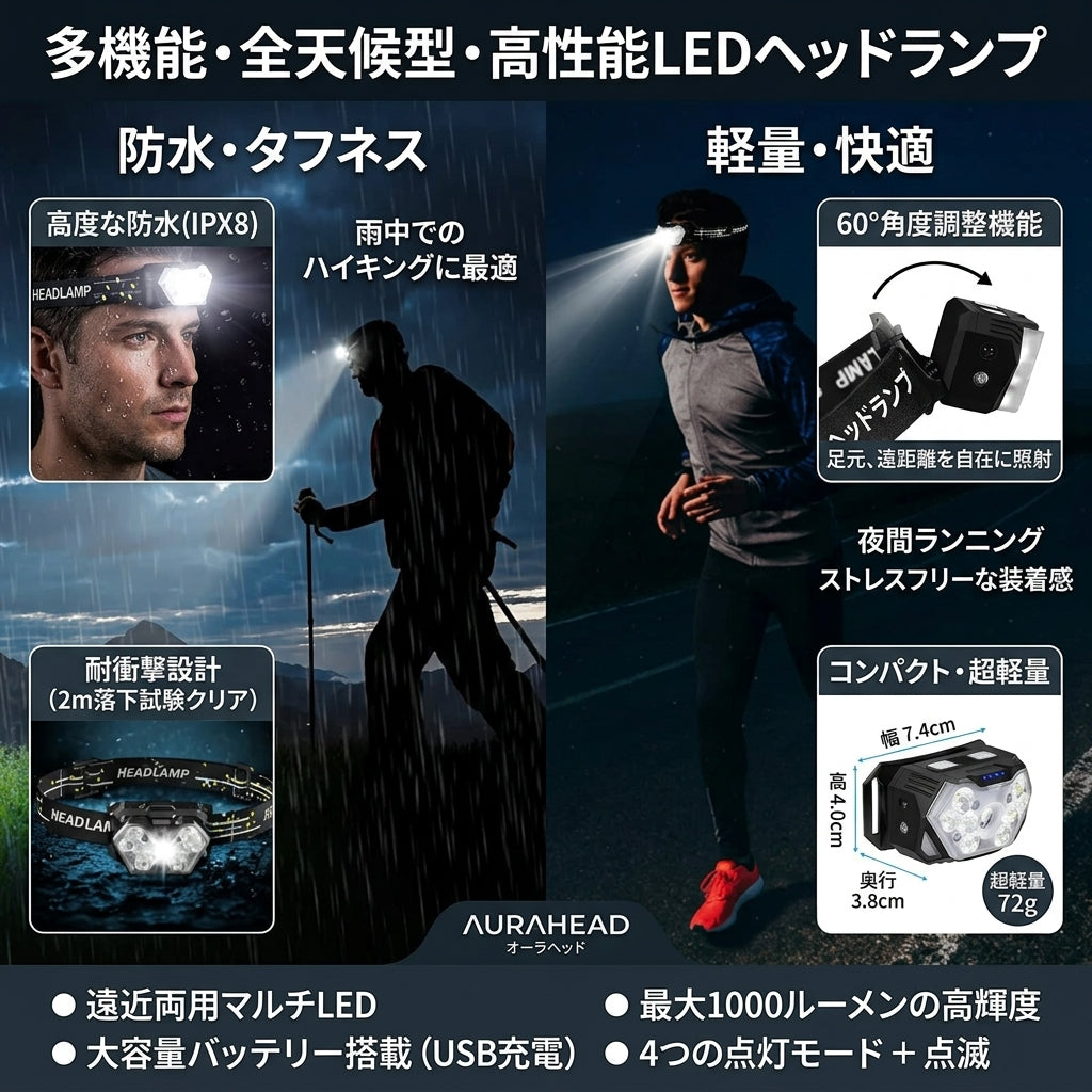 【驚異の2000ルーメン・手のひら操作のセンサーヘッドライト】Sakamping 高輝度 LEDヘッドランプ | 充電式・完全防水・ジェスチャーセンサー搭載 | 夜釣り・本格登山・キャンプ・防災用 | 1年保証付