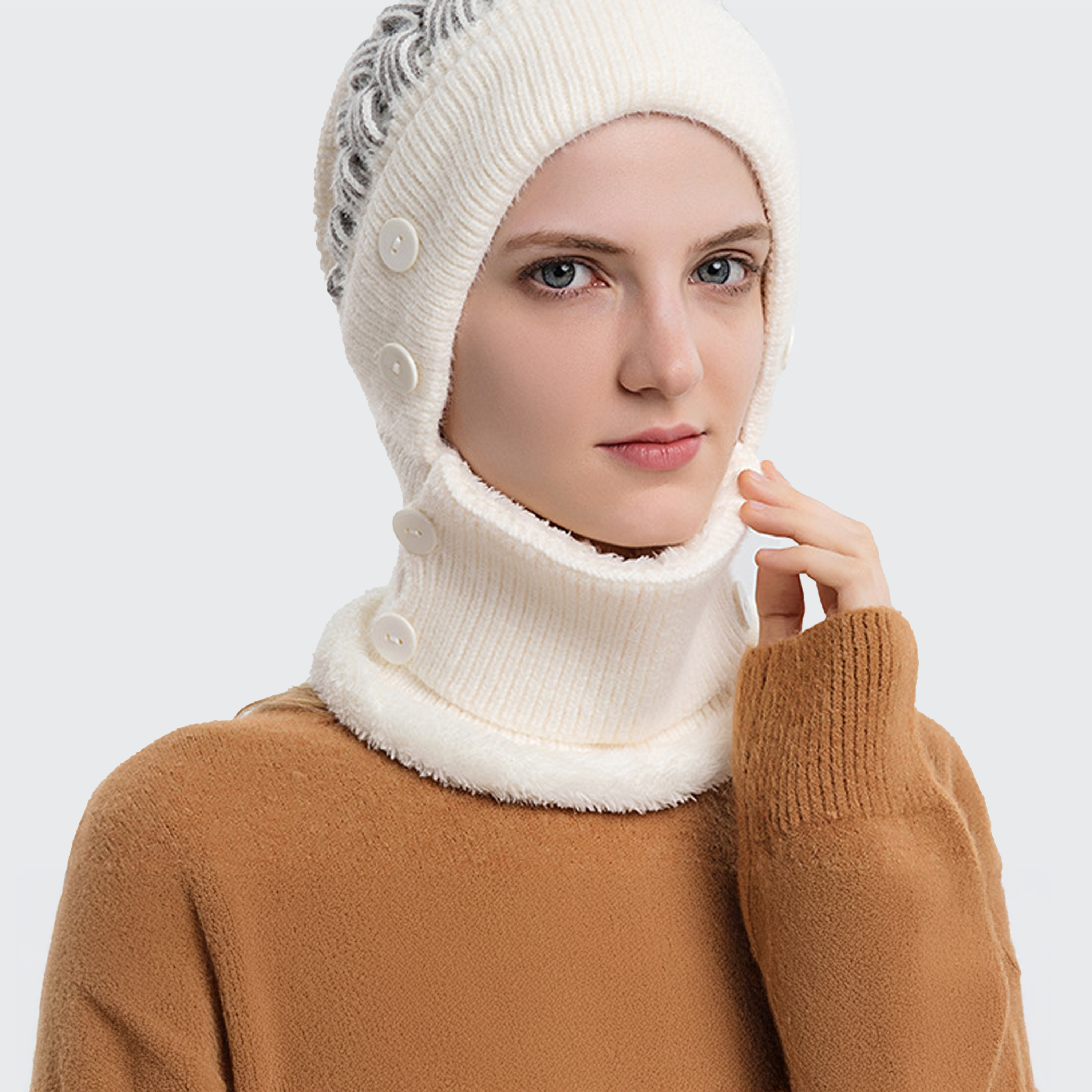 レディース 保温ニット帽 2in1 ネックウォーマー フェイスマスク付き ブレイドデザイン ポンポン 暖かい 防寒 軽量 柔らかい